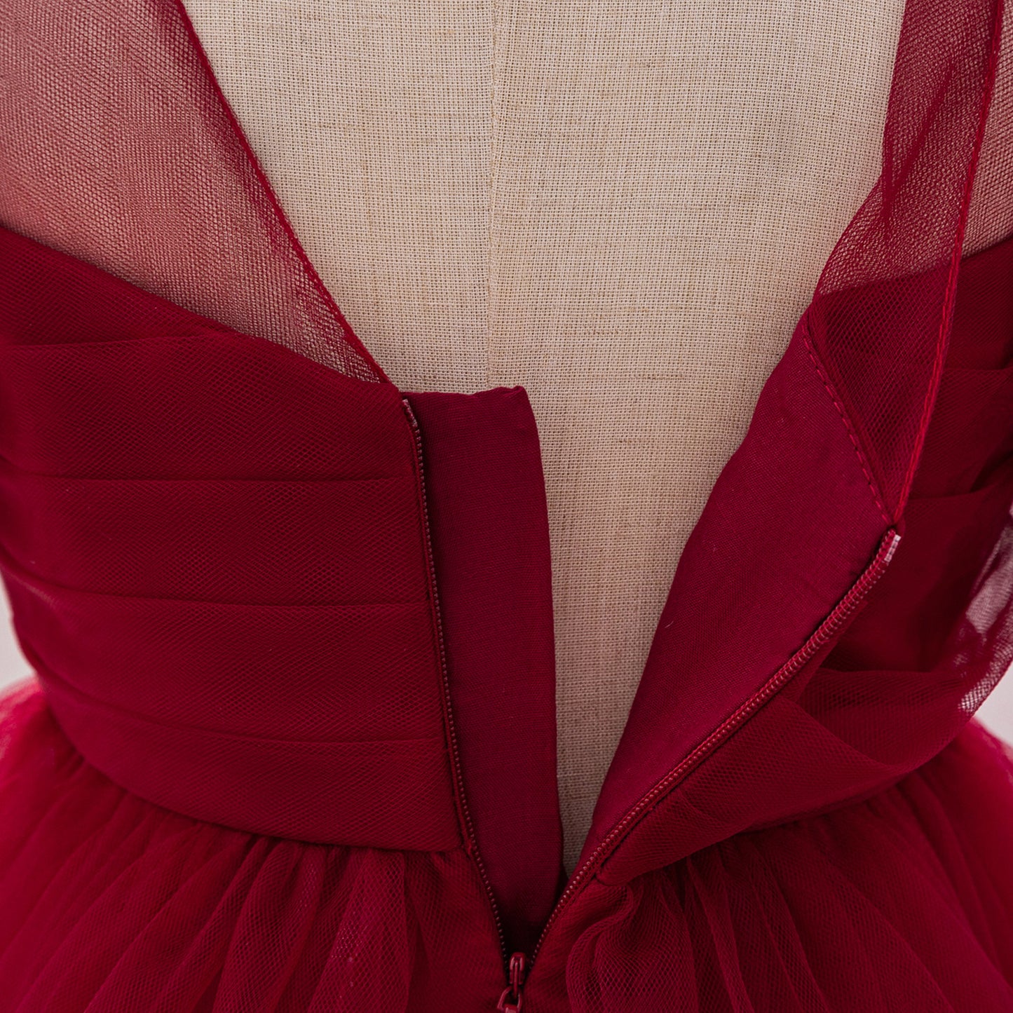 Burgundy Puffy Tulle High-Low Dress with Train for Girls | Pleated Ball Gown for Parties & Weddings