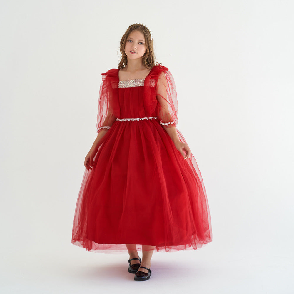 Burgundy Tulle Maxi Princess Dress for Girls, Square Neck, A-Line
