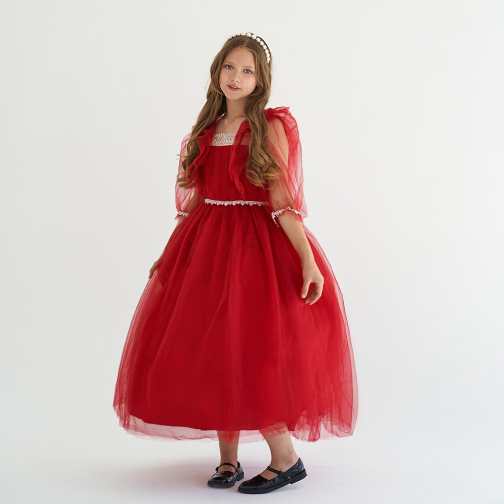 Burgundy Tulle Maxi Princess Dress for Girls, Square Neck, A-Line