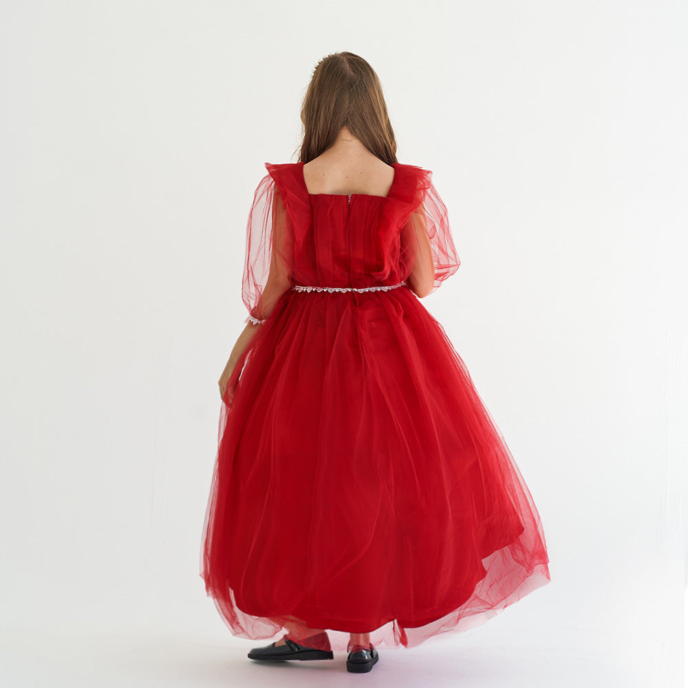 Burgundy Tulle Maxi Princess Dress for Girls, Square Neck, A-Line