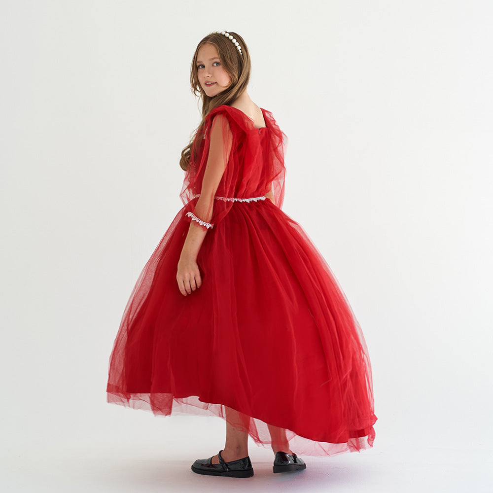 Burgundy Tulle Maxi Princess Dress for Girls, Square Neck, A-Line