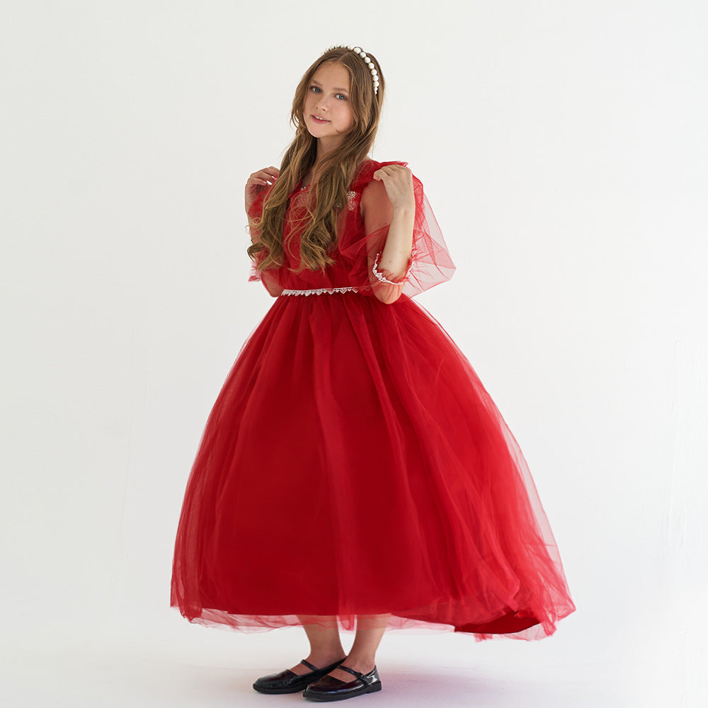 Burgundy Tulle Maxi Princess Dress for Girls, Square Neck, A-Line