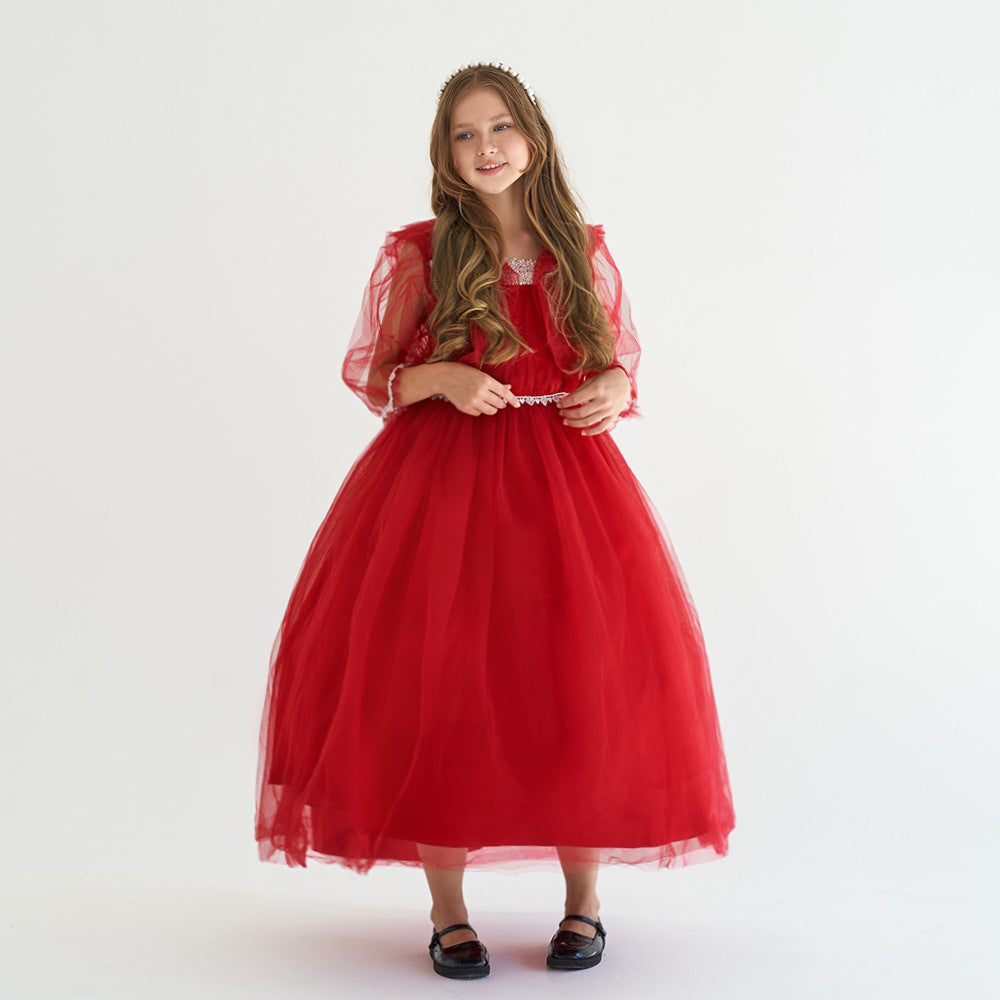 Burgundy Tulle Maxi Princess Dress for Girls, Square Neck, A-Line