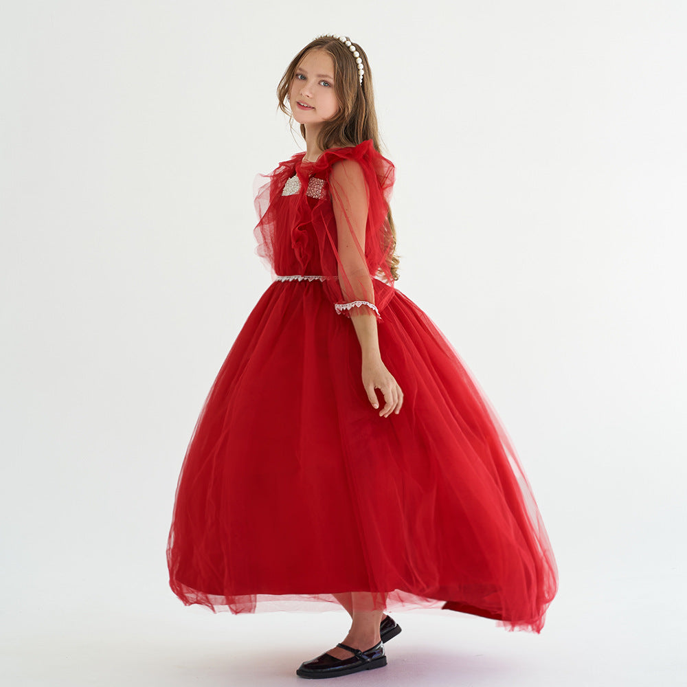 Burgundy Tulle Maxi Princess Dress for Girls, Square Neck, A-Line