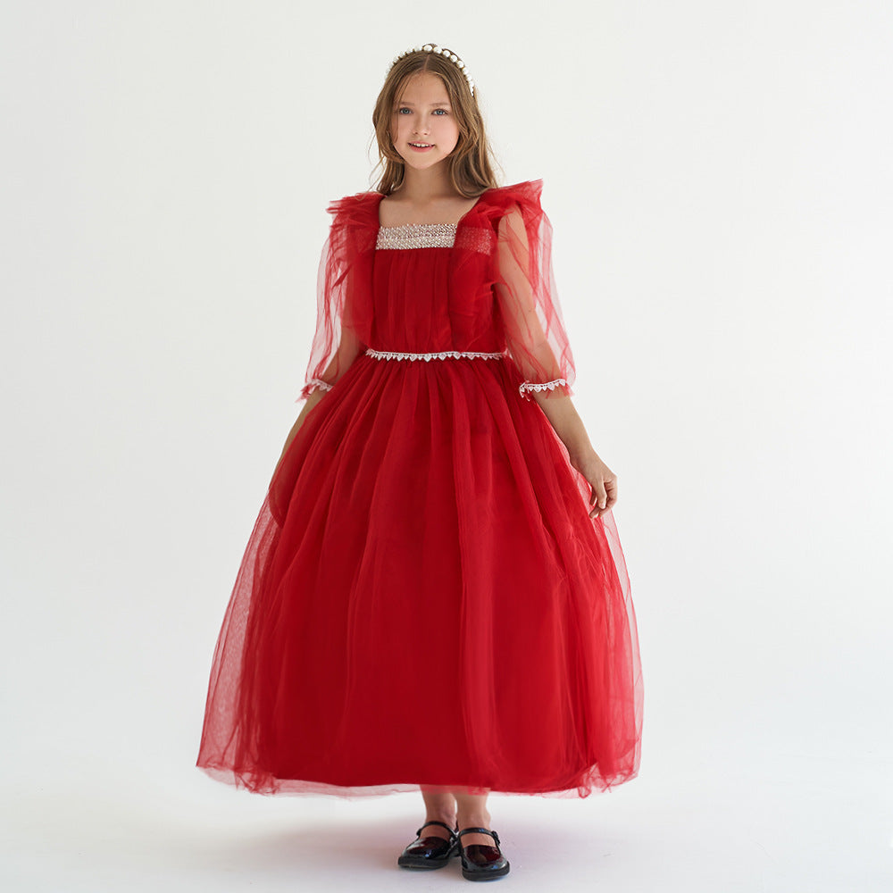 Burgundy Tulle Maxi Princess Dress for Girls, Square Neck, A-Line