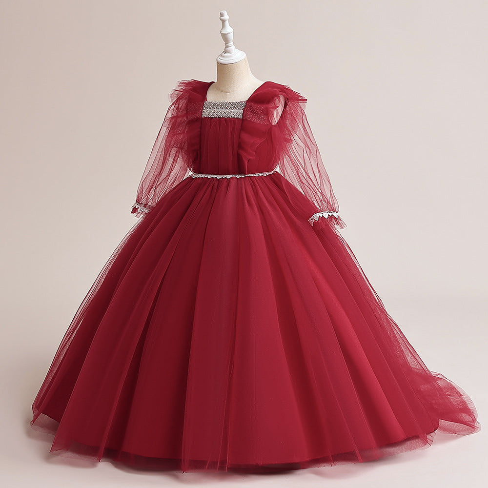 Burgundy Tulle Maxi Princess Dress for Girls, Square Neck, A-Line