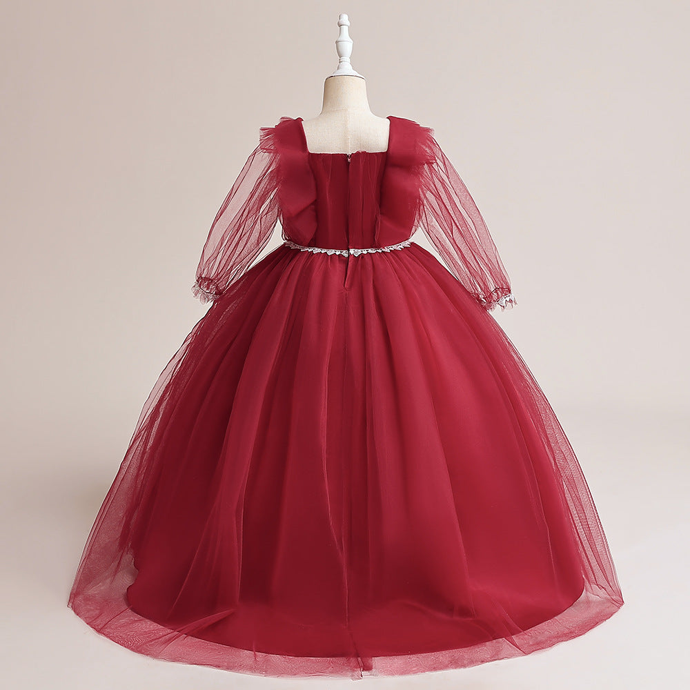 Burgundy Tulle Maxi Princess Dress for Girls, Square Neck, A-Line