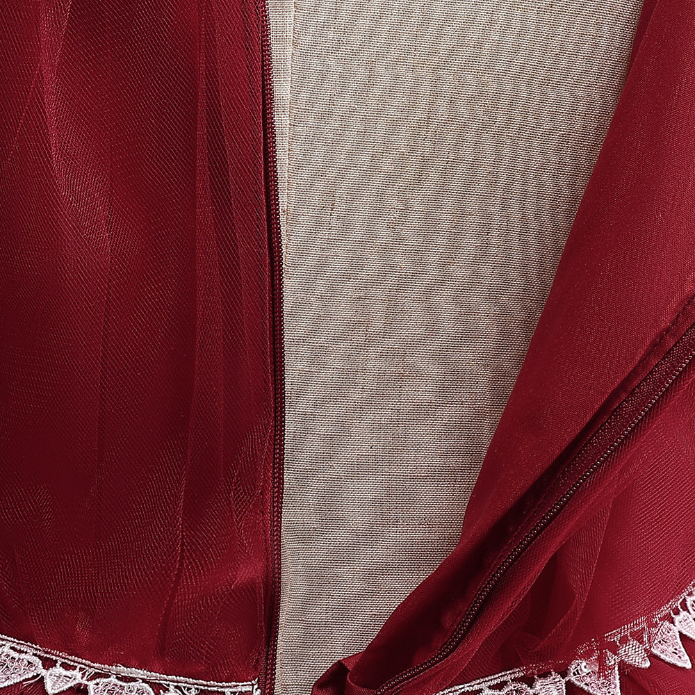 Burgundy Tulle Maxi Princess Dress for Girls, Square Neck, A-Line