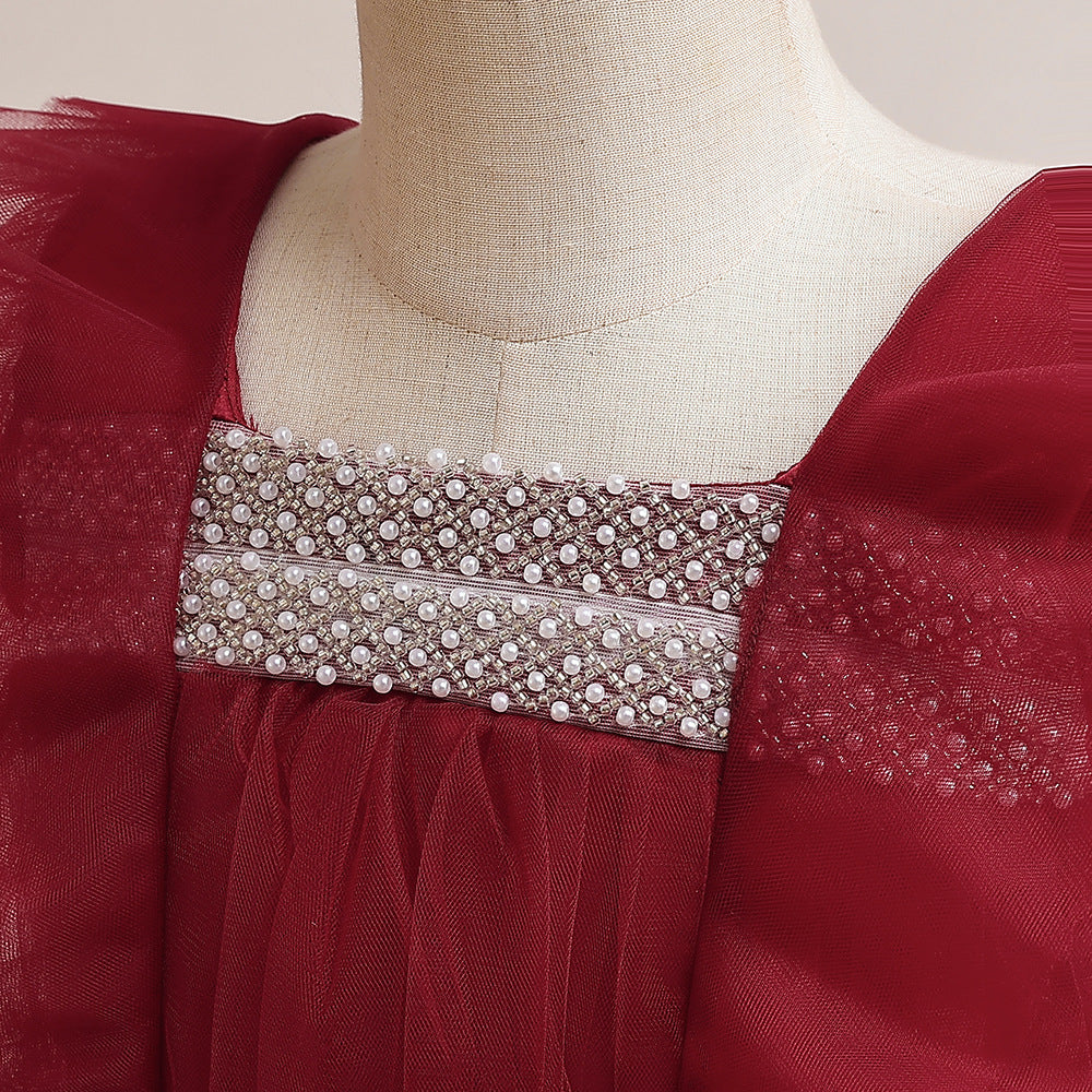 Burgundy Tulle Maxi Princess Dress for Girls, Square Neck, A-Line