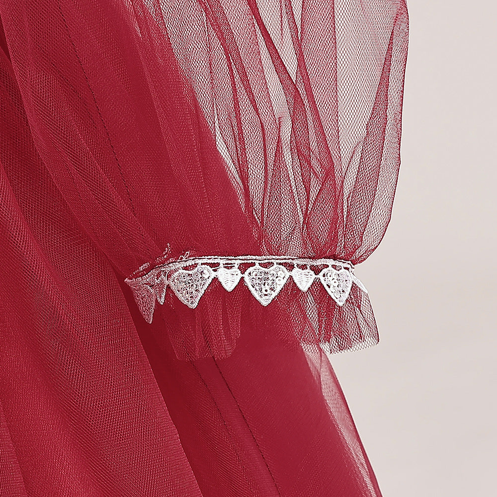 Burgundy Tulle Maxi Princess Dress for Girls, Square Neck, A-Line