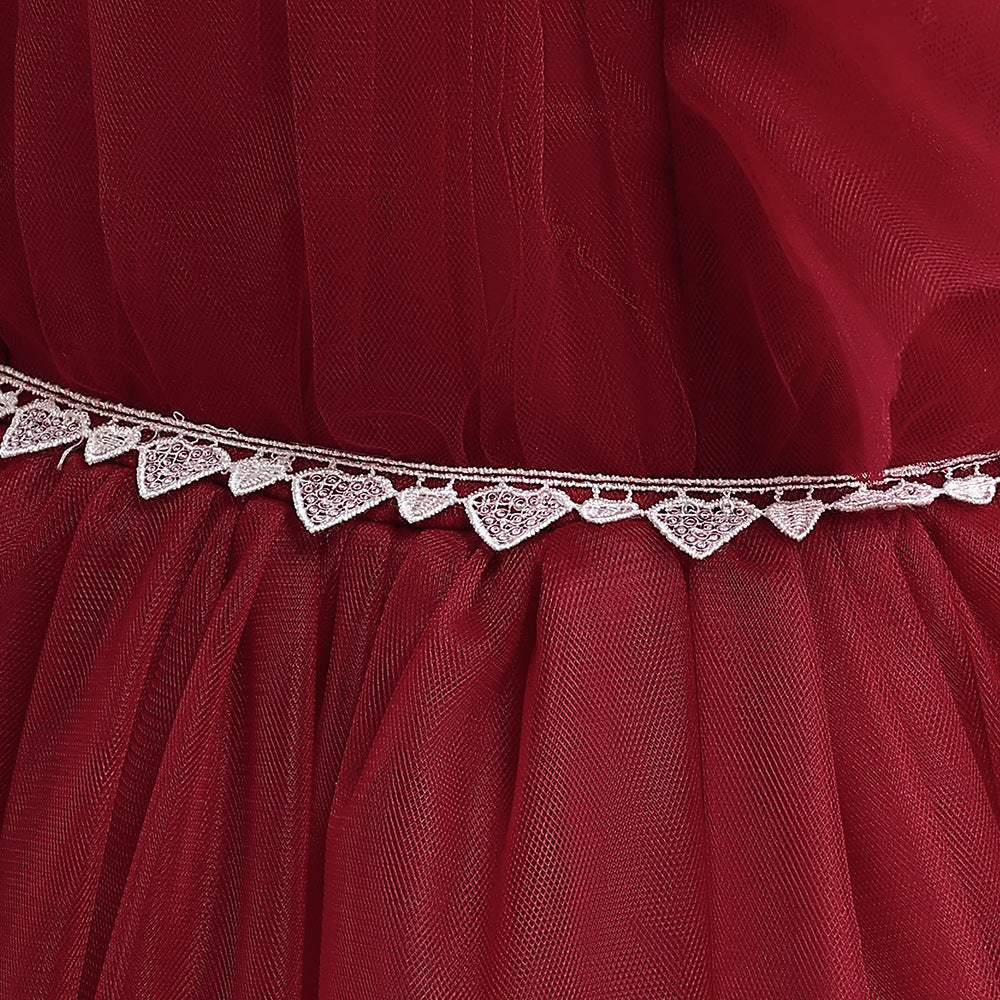 Burgundy Tulle Maxi Princess Dress for Girls, Square Neck, A-Line
