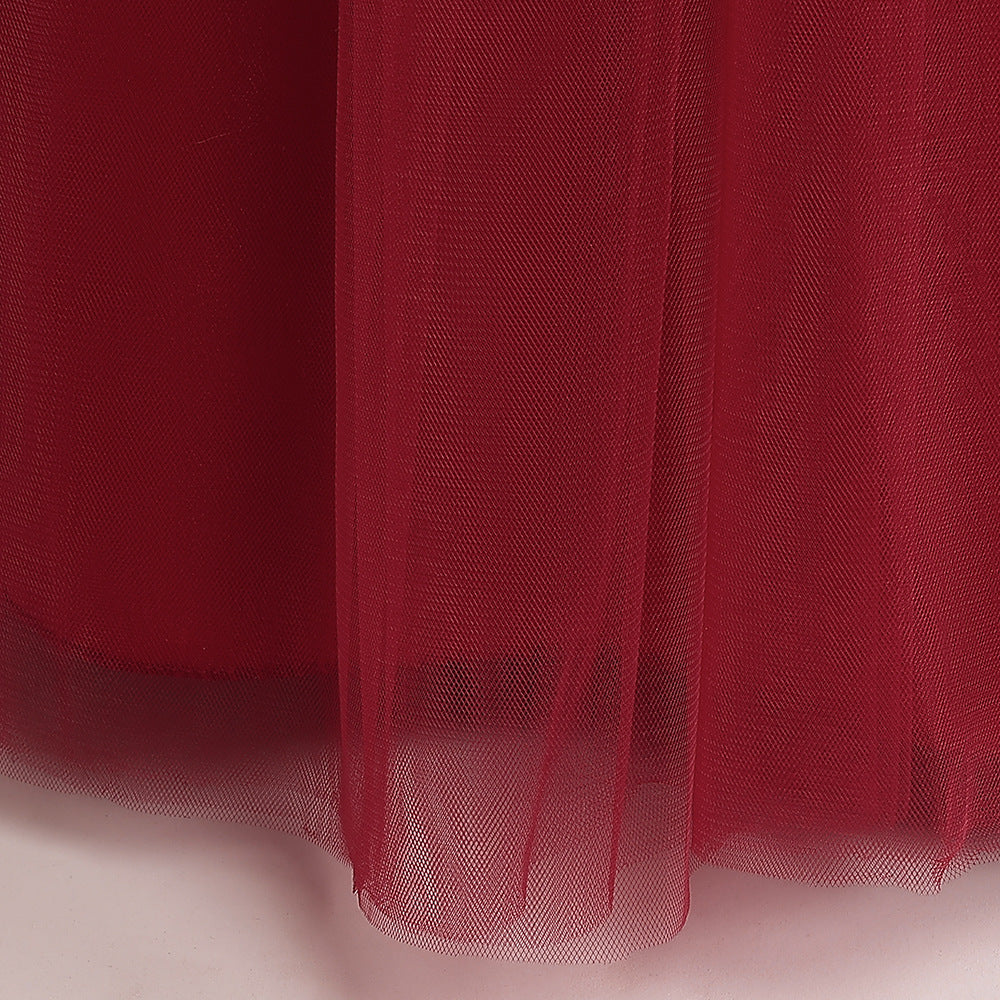 Burgundy Tulle Maxi Princess Dress for Girls, Square Neck, A-Line
