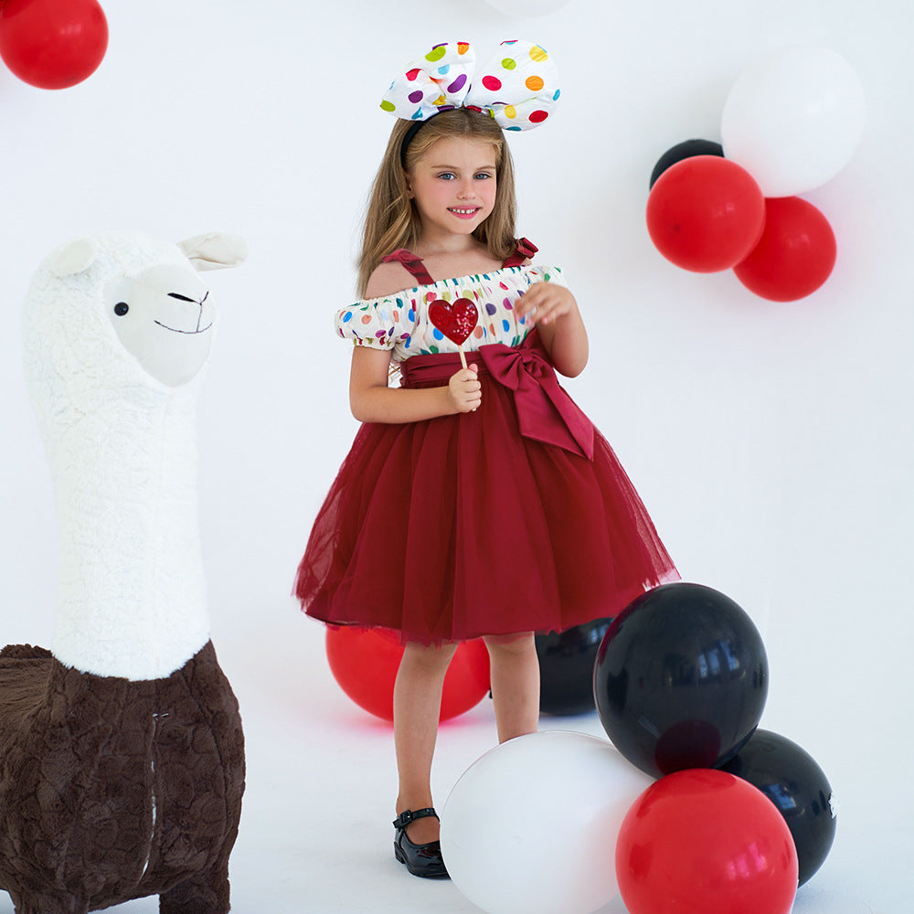 Burgundy Off-Shoulder Tulle Dress for Girls with Bowknot – Party & Wedding