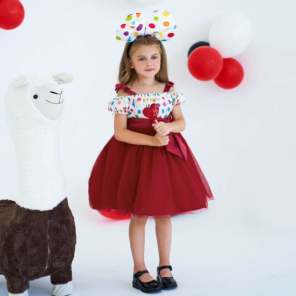 Burgundy Off-Shoulder Tulle Dress for Girls with Bowknot – Party & Wedding