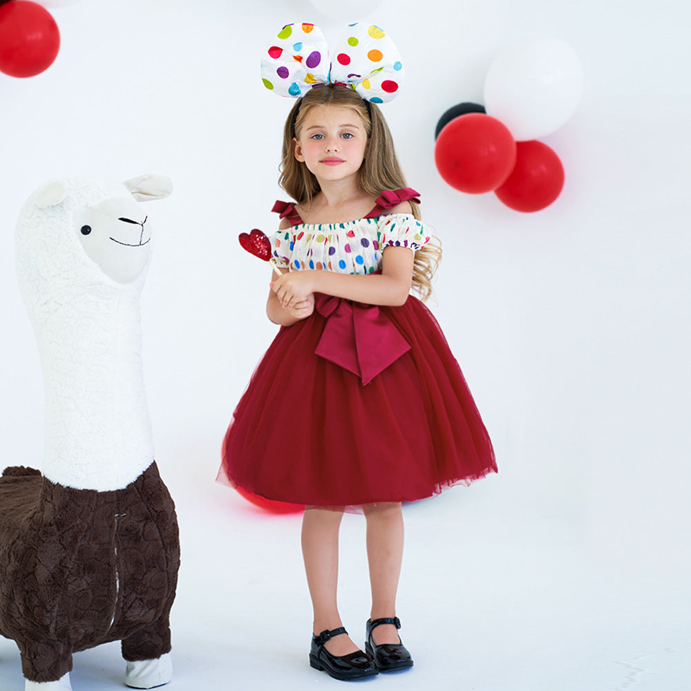 Burgundy Off-Shoulder Tulle Dress for Girls with Bowknot – Party & Wedding