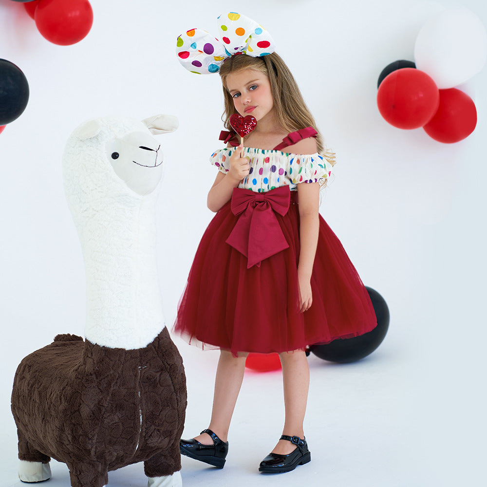 Burgundy Off-Shoulder Tulle Dress for Girls with Bowknot – Party & Wedding
