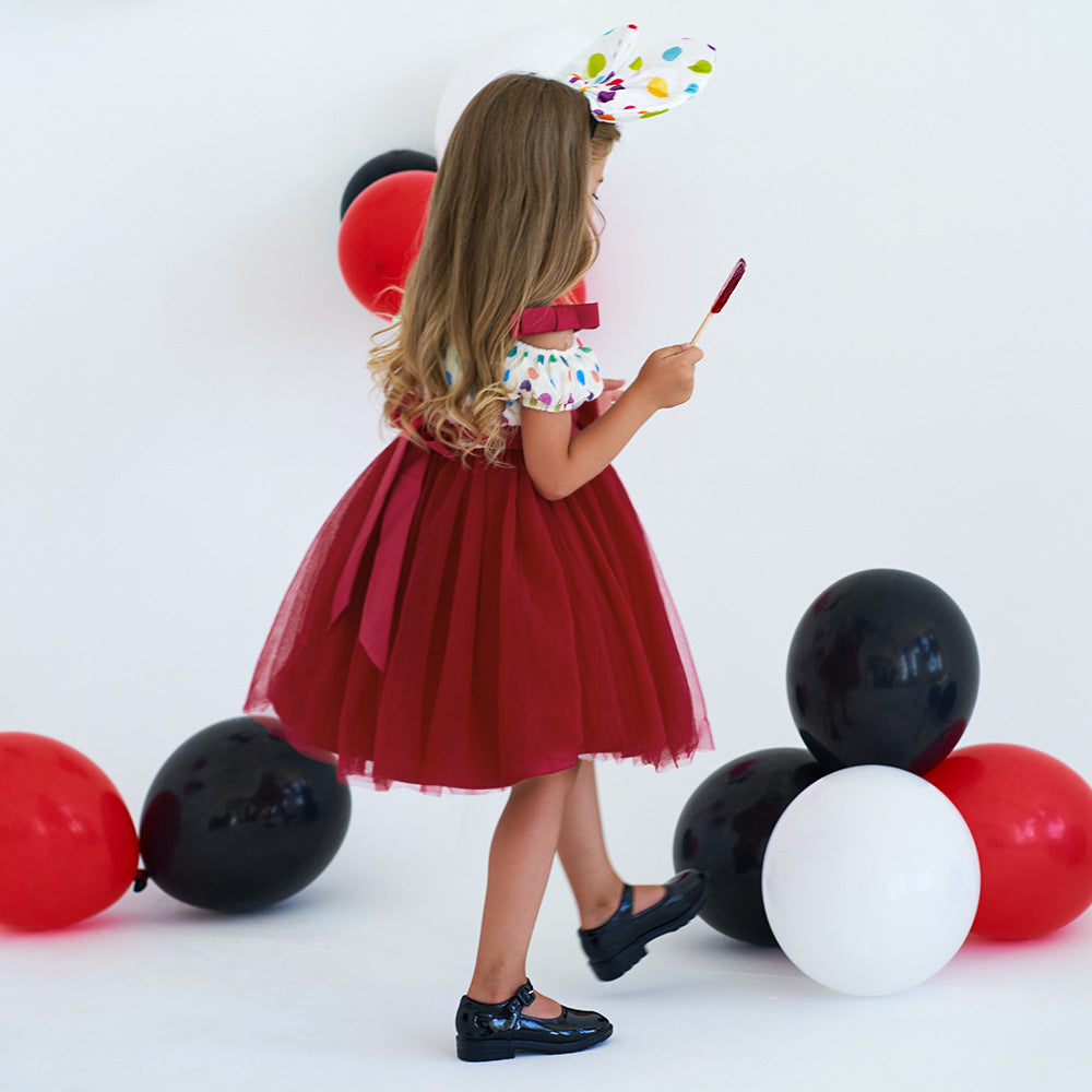 Burgundy Off-Shoulder Tulle Dress for Girls with Bowknot – Party & Wedding