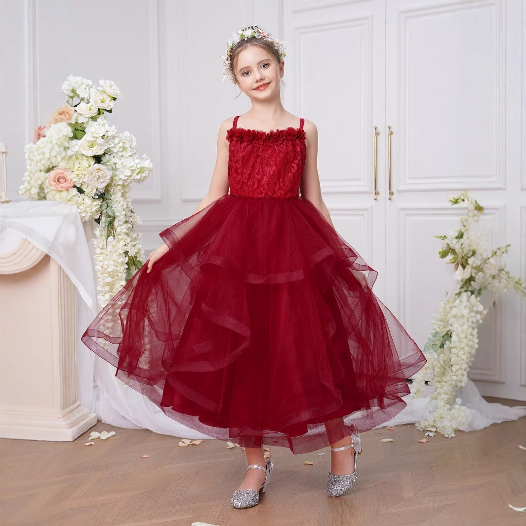 Burgundy Off Shoulder Princess Flower Girl Dress, Tea Length Tulle Lace for 5-13 Years