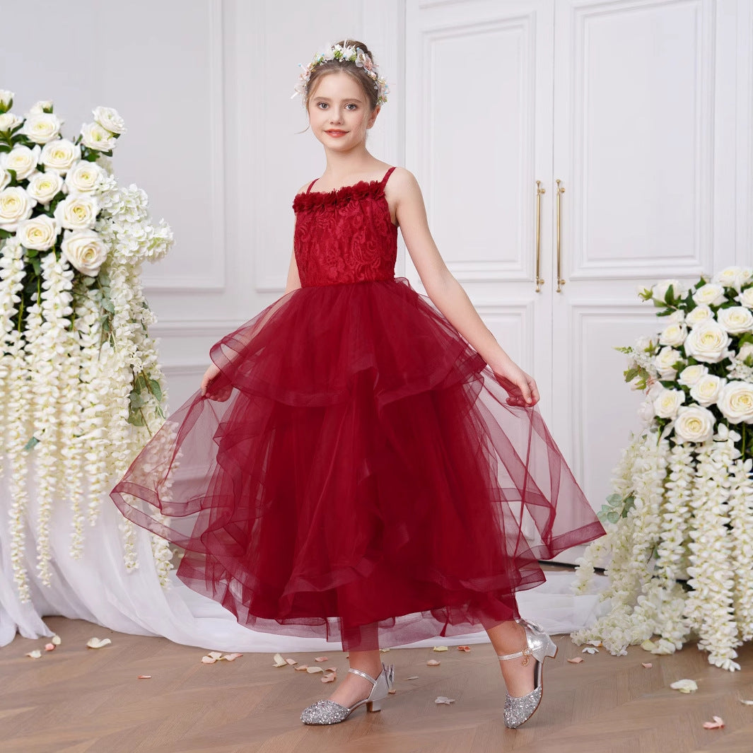Burgundy Off Shoulder Princess Flower Girl Dress, Tea Length Tulle Lace for 5-13 Years