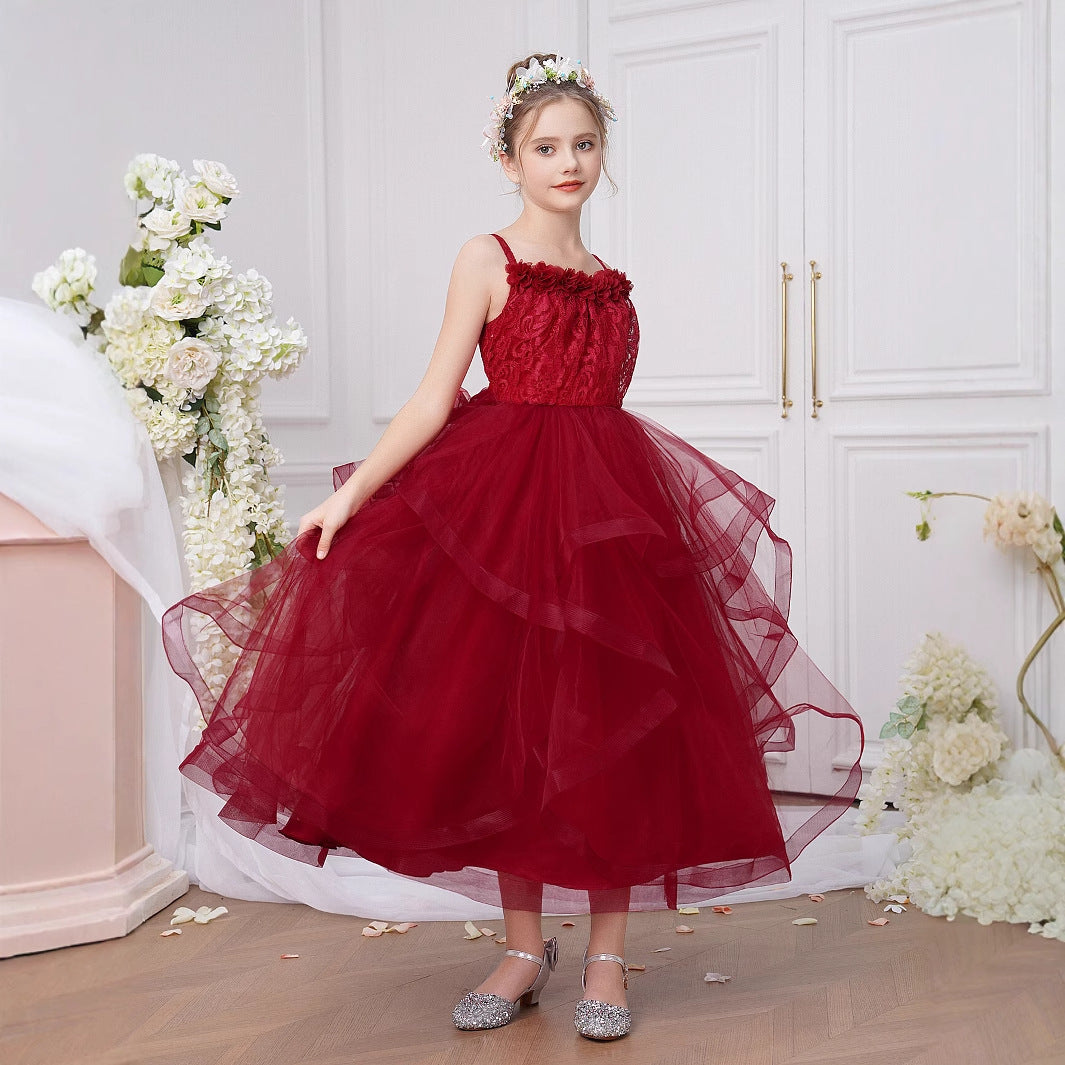 Burgundy Off Shoulder Princess Flower Girl Dress, Tea Length Tulle Lace for 5-13 Years