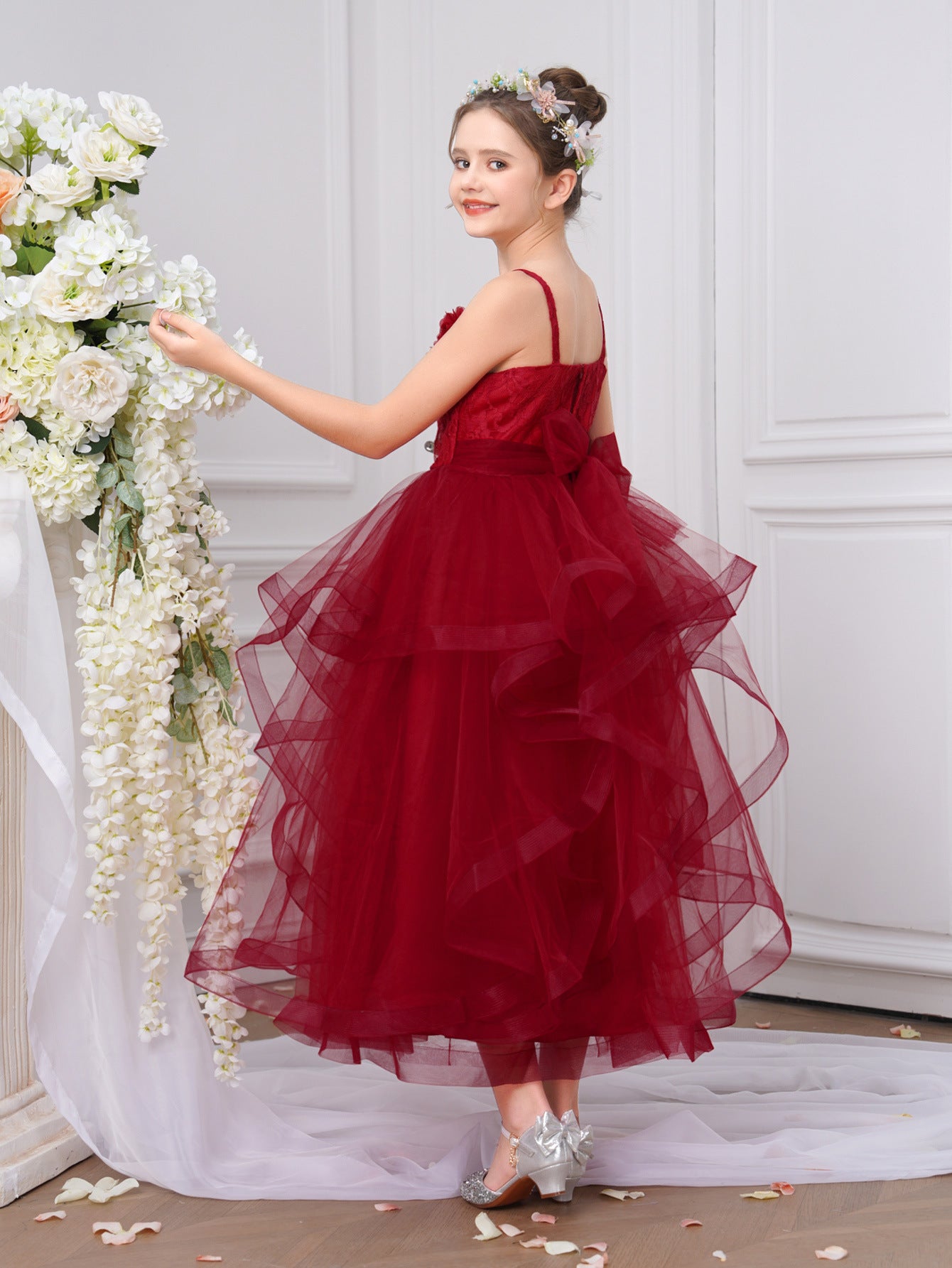 Burgundy Off Shoulder Princess Flower Girl Dress, Tea Length Tulle Lace for 5-13 Years