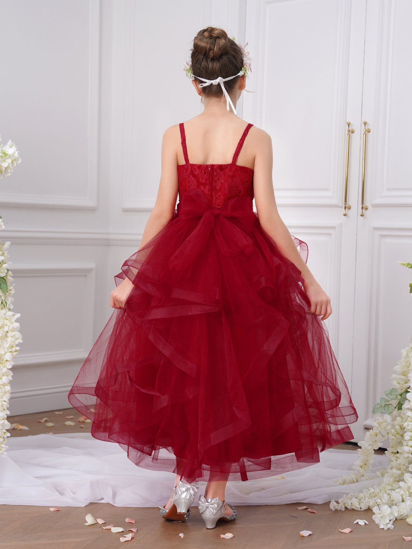 Burgundy Off Shoulder Princess Flower Girl Dress, Tea Length Tulle Lace for 5-13 Years