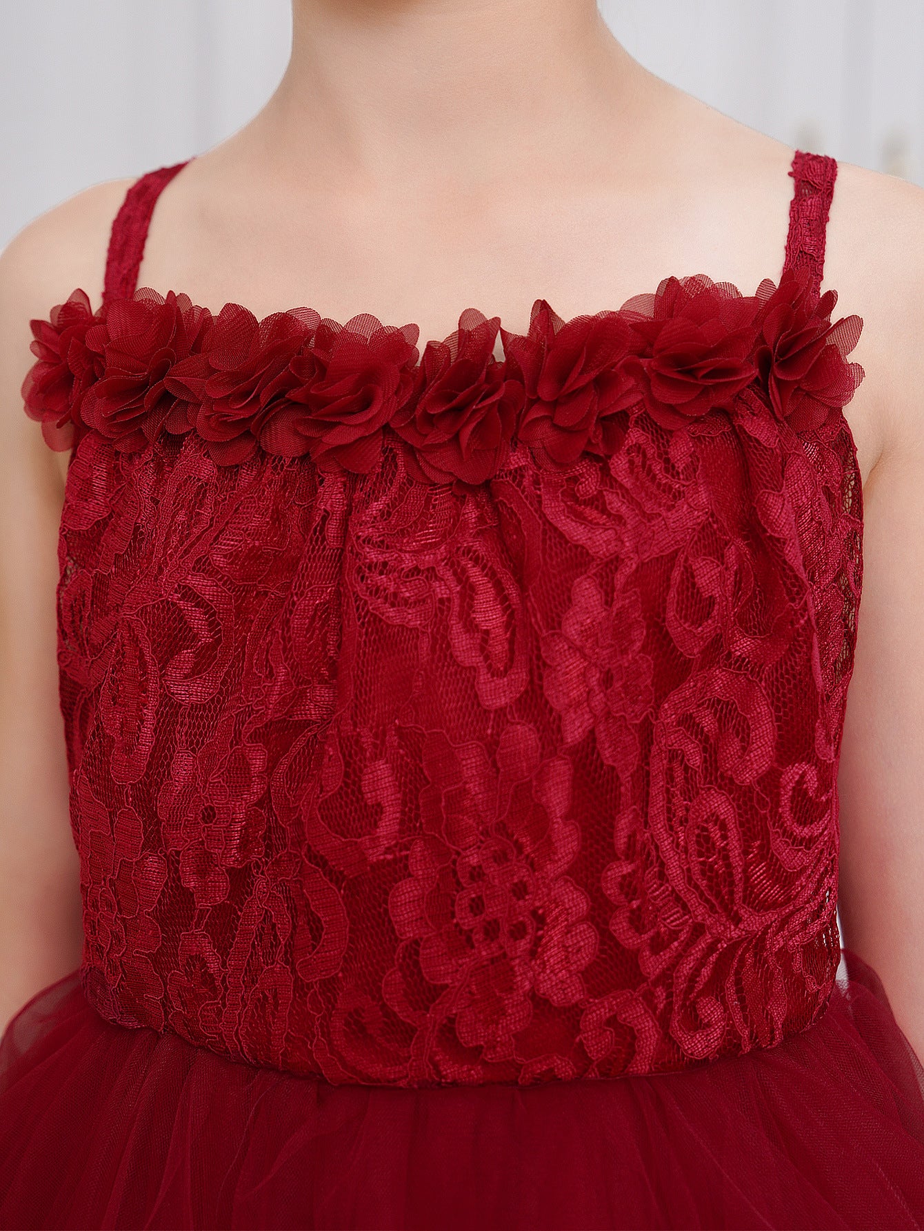 Burgundy Off Shoulder Princess Flower Girl Dress, Tea Length Tulle Lace for 5-13 Years