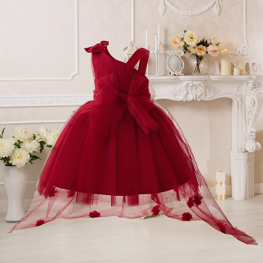 Burgundy Off-Shoulder Flower Girl Dress with Train – Cute Tulle Princess Gown for Parties & Weddings