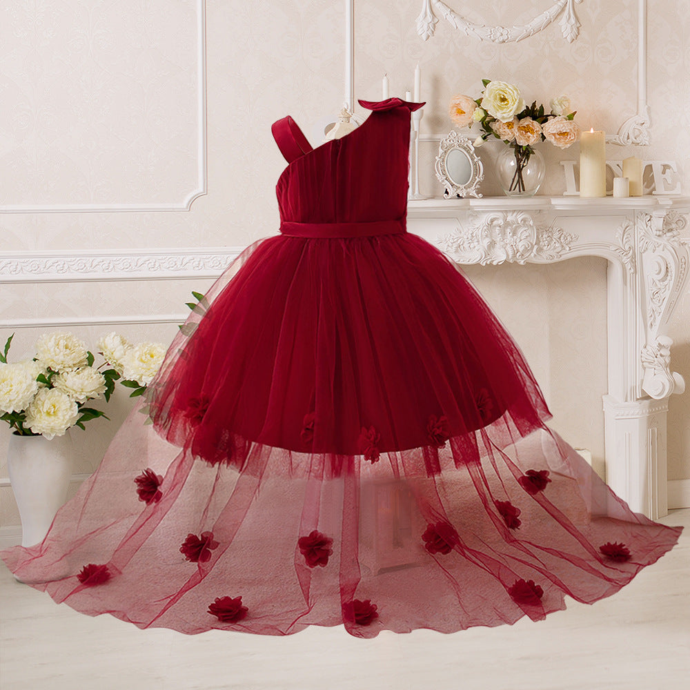 Burgundy Off-Shoulder Flower Girl Dress with Train – Cute Tulle Princess Gown for Parties & Weddings