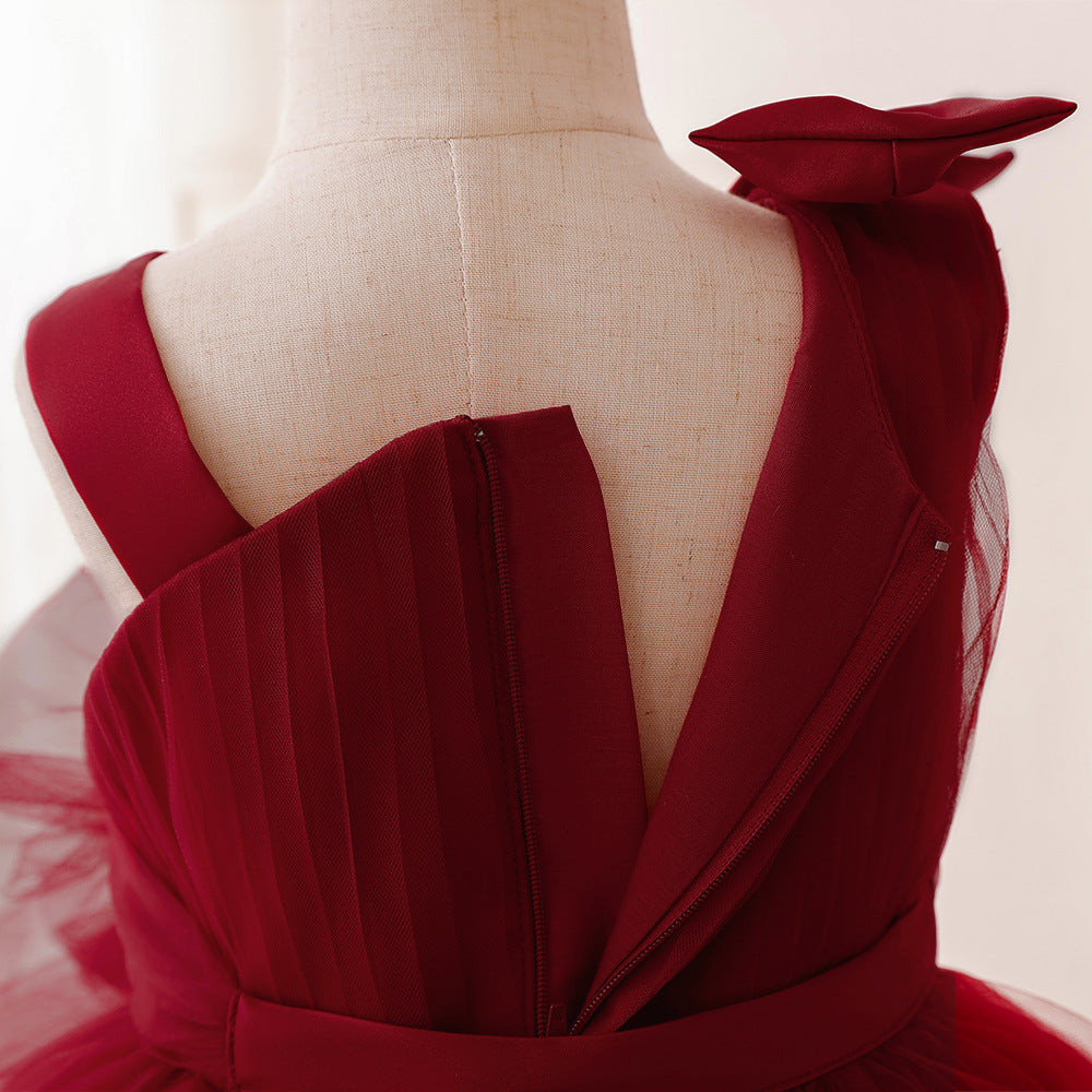 Burgundy Off-Shoulder Flower Girl Dress with Train – Cute Tulle Princess Gown for Parties & Weddings