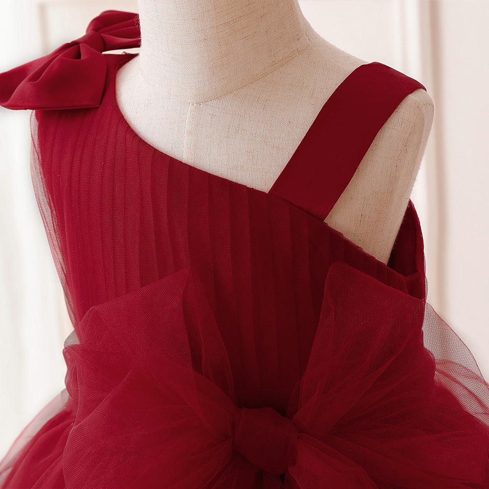 Burgundy Off-Shoulder Flower Girl Dress with Train – Cute Tulle Princess Gown for Parties & Weddings