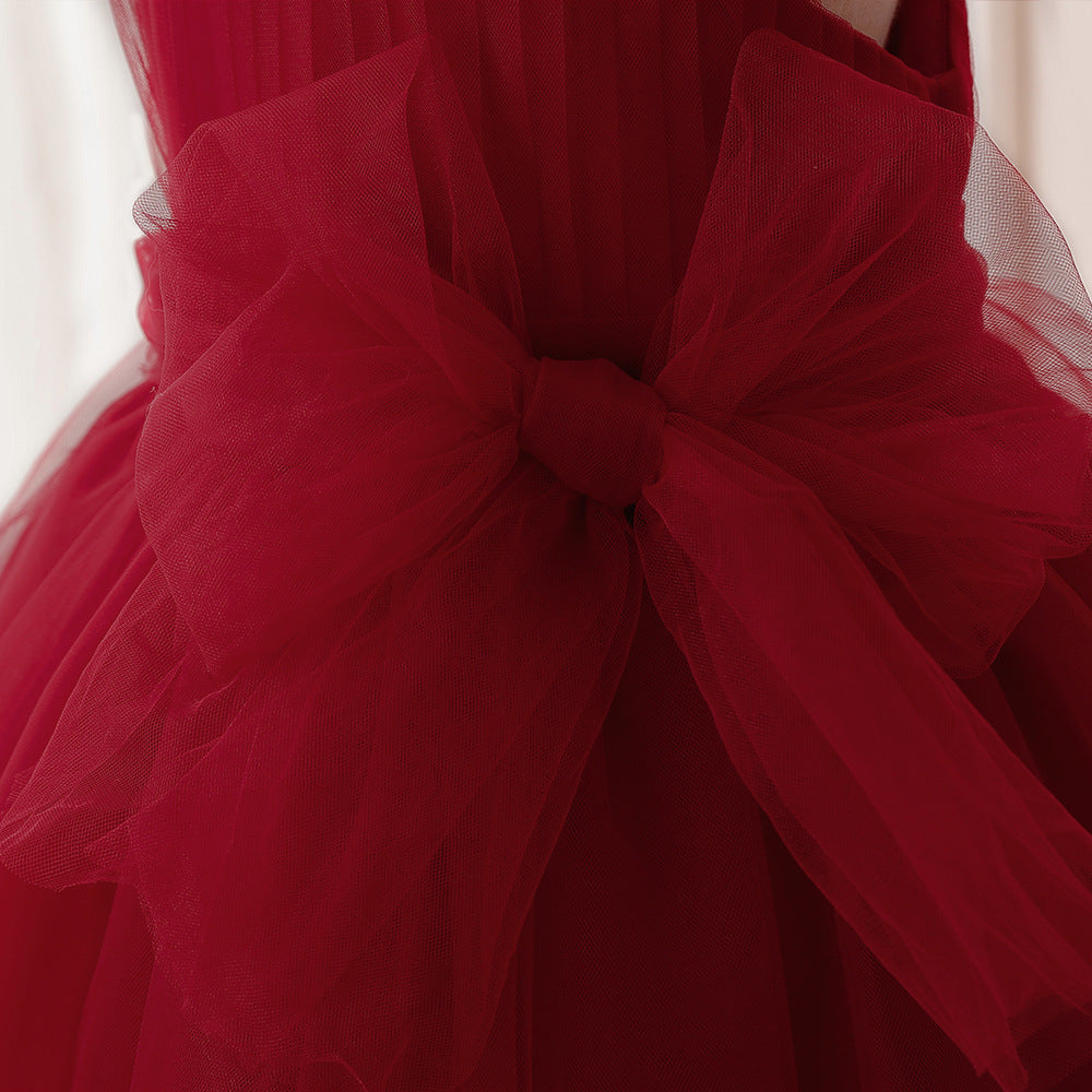 Burgundy Off-Shoulder Flower Girl Dress with Train – Cute Tulle Princess Gown for Parties & Weddings