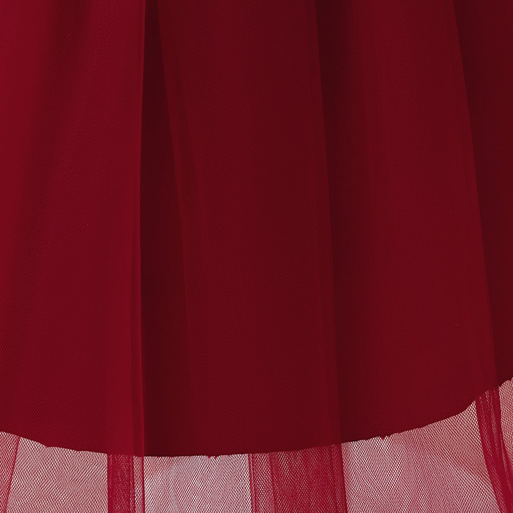 Burgundy Off-Shoulder Flower Girl Dress with Train – Cute Tulle Princess Gown for Parties & Weddings