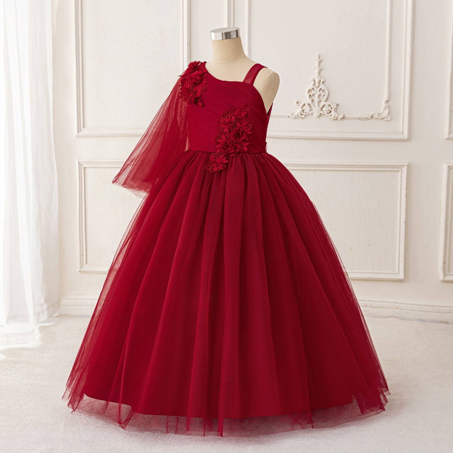 Burgundy Off-Shoulder Tulle Maxi Flower Girl Dress for Parties & Weddings