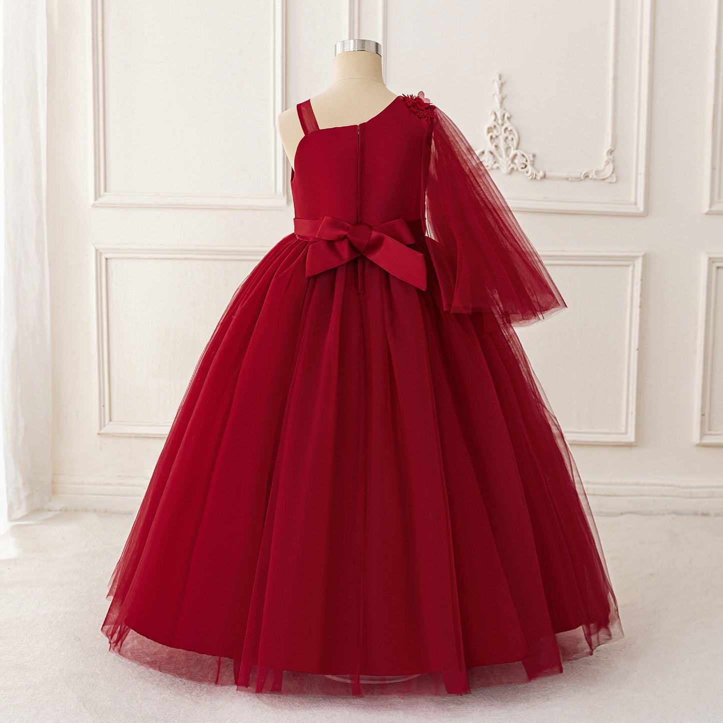 Burgundy Off-Shoulder Tulle Maxi Flower Girl Dress for Parties & Weddings