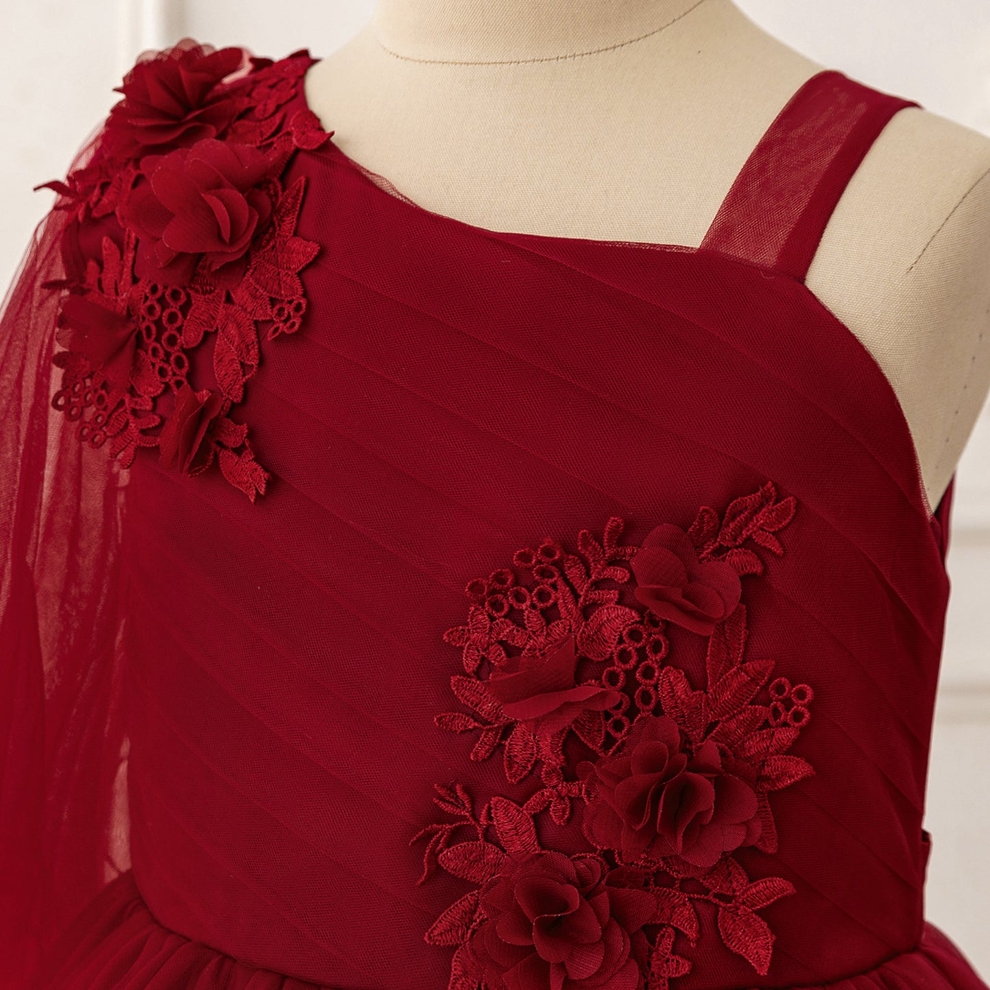 Burgundy Off-Shoulder Tulle Maxi Flower Girl Dress for Parties & Weddings