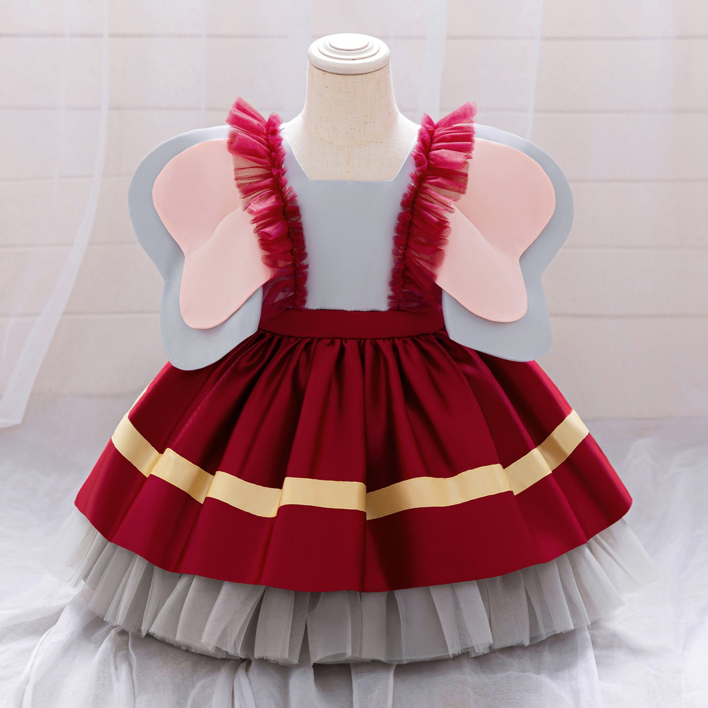 Burgundy Princess Ball Gown Dress for Girls | Tea-Length Puffy Kids Party Dress