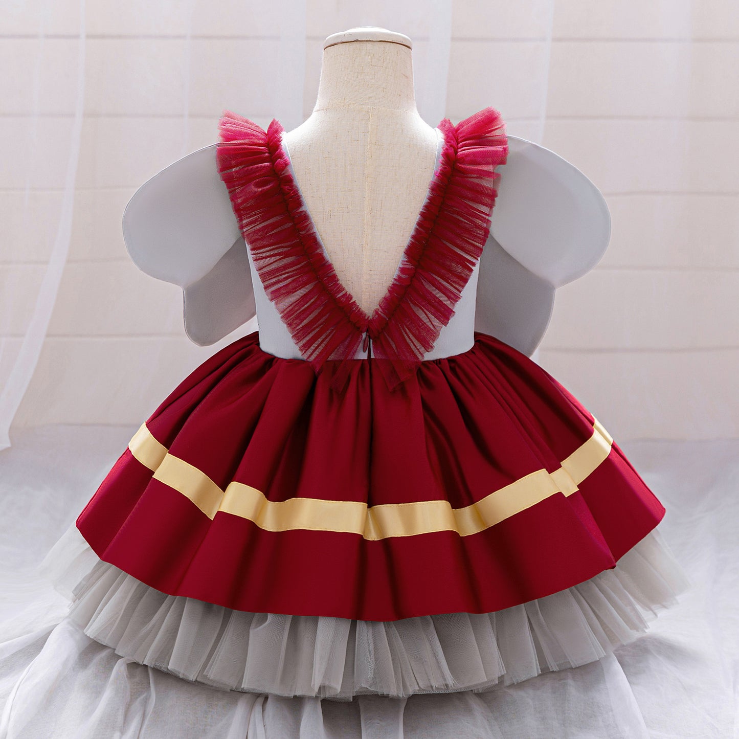 Burgundy Princess Ball Gown Dress for Girls | Tea-Length Puffy Kids Party Dress
