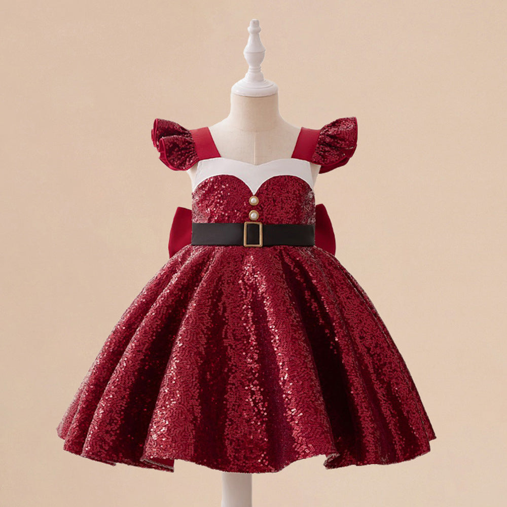 Burgundy Sequin A-Line Princess Dress with Bow for Girls (3-8Y)