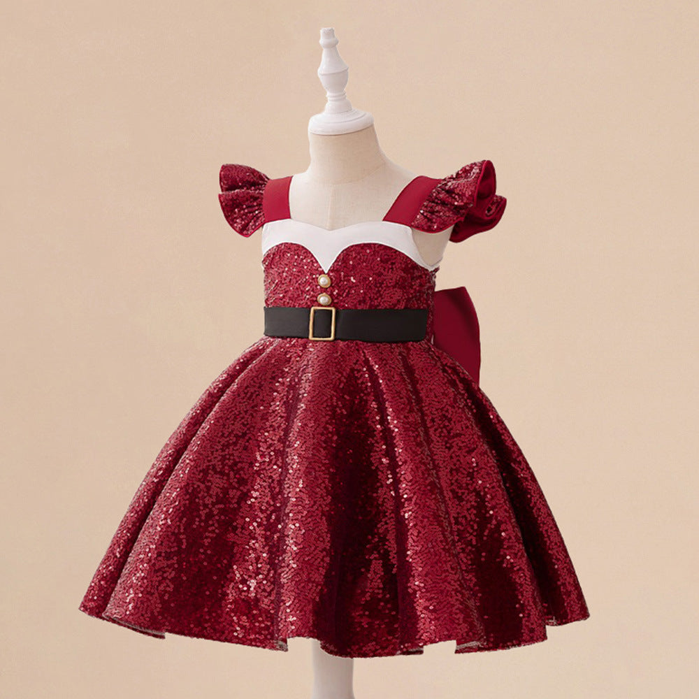 Burgundy Sequin A-Line Princess Dress with Bow for Girls (3-8Y)