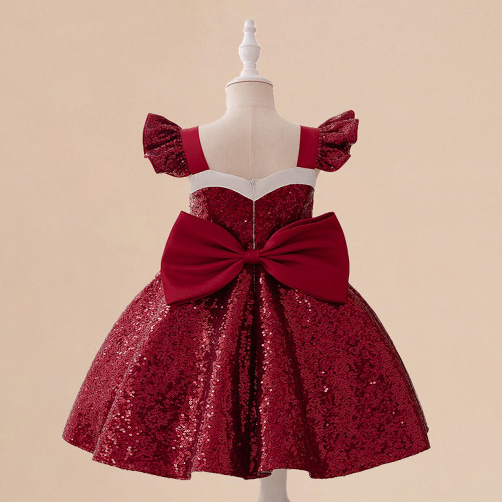 Burgundy Sequin A-Line Princess Dress with Bow for Girls (3-8Y)