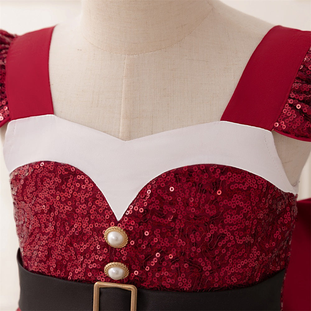 Burgundy Sequin A-Line Princess Dress with Bow for Girls (3-8Y)