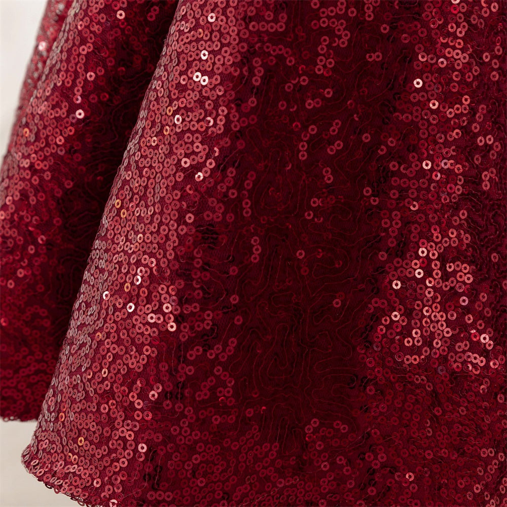 Burgundy Sequin A-Line Princess Dress with Bow for Girls (3-8Y)