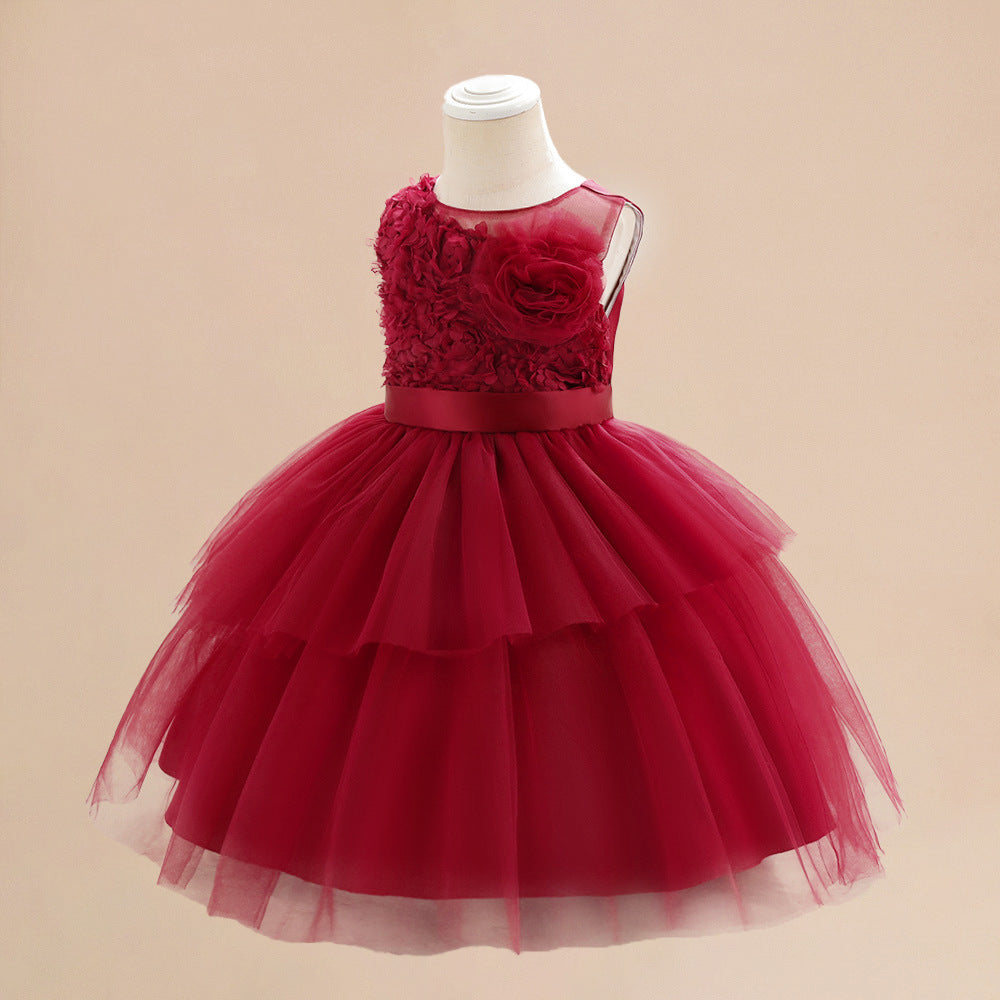 Burgundy A-line Tulle Flower Girl Dress with Tiered Skirt for Toddlers