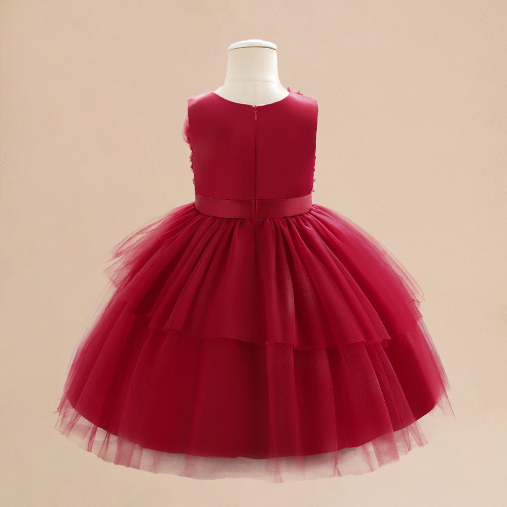 Burgundy A-line Tulle Flower Girl Dress with Tiered Skirt for Toddlers