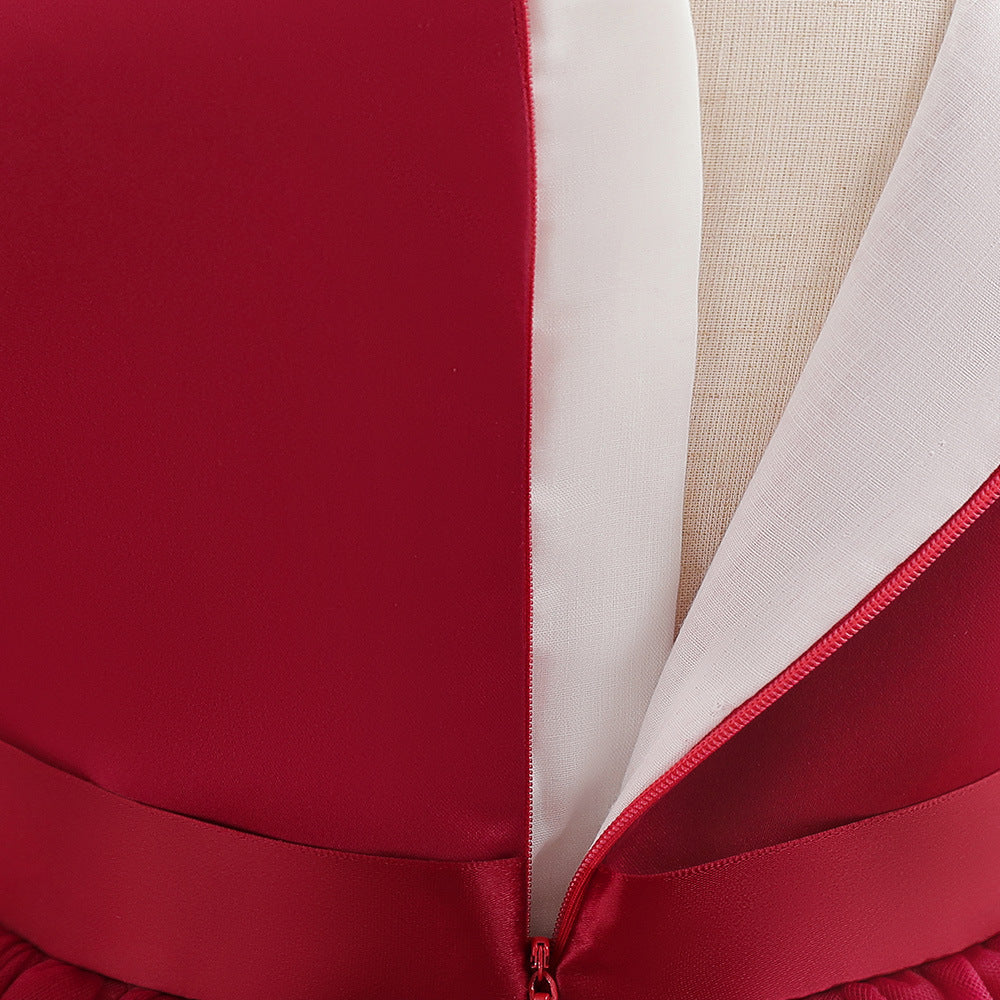 Burgundy A-line Tulle Flower Girl Dress with Tiered Skirt for Toddlers