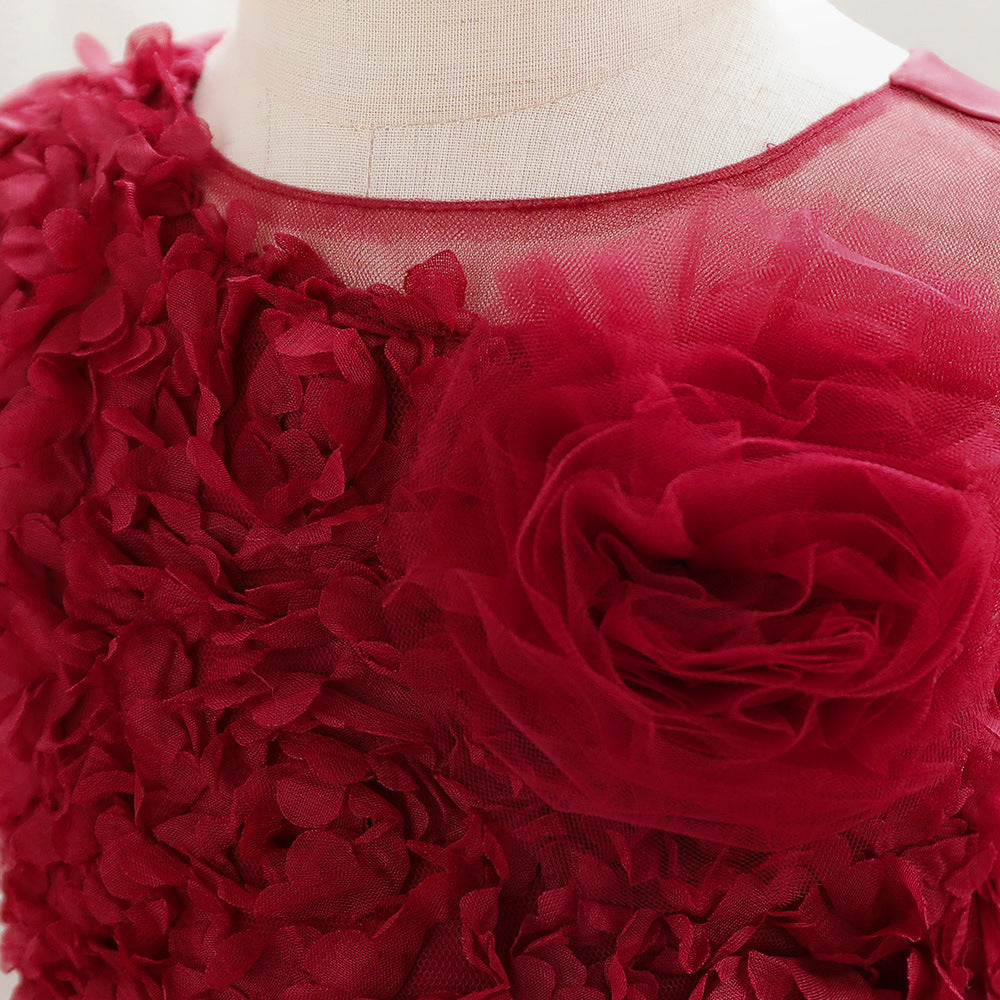 Burgundy A-line Tulle Flower Girl Dress with Tiered Skirt for Toddlers