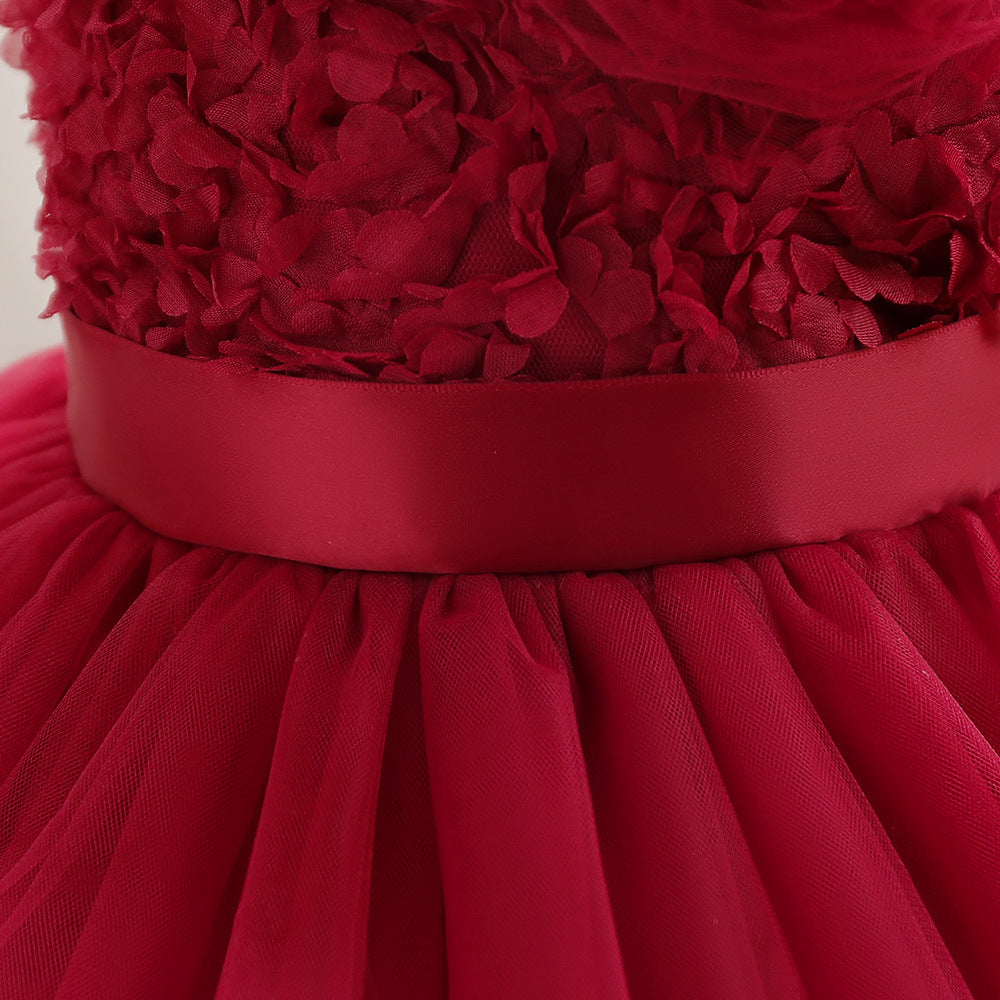 Burgundy A-line Tulle Flower Girl Dress with Tiered Skirt for Toddlers