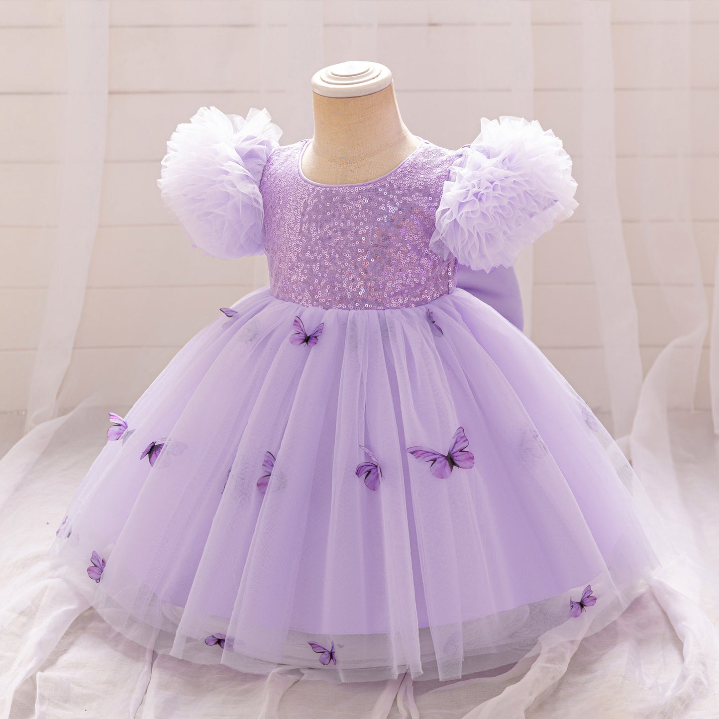 Purple Puffy Princess Dress with Butterfly Appliques for Little Girls