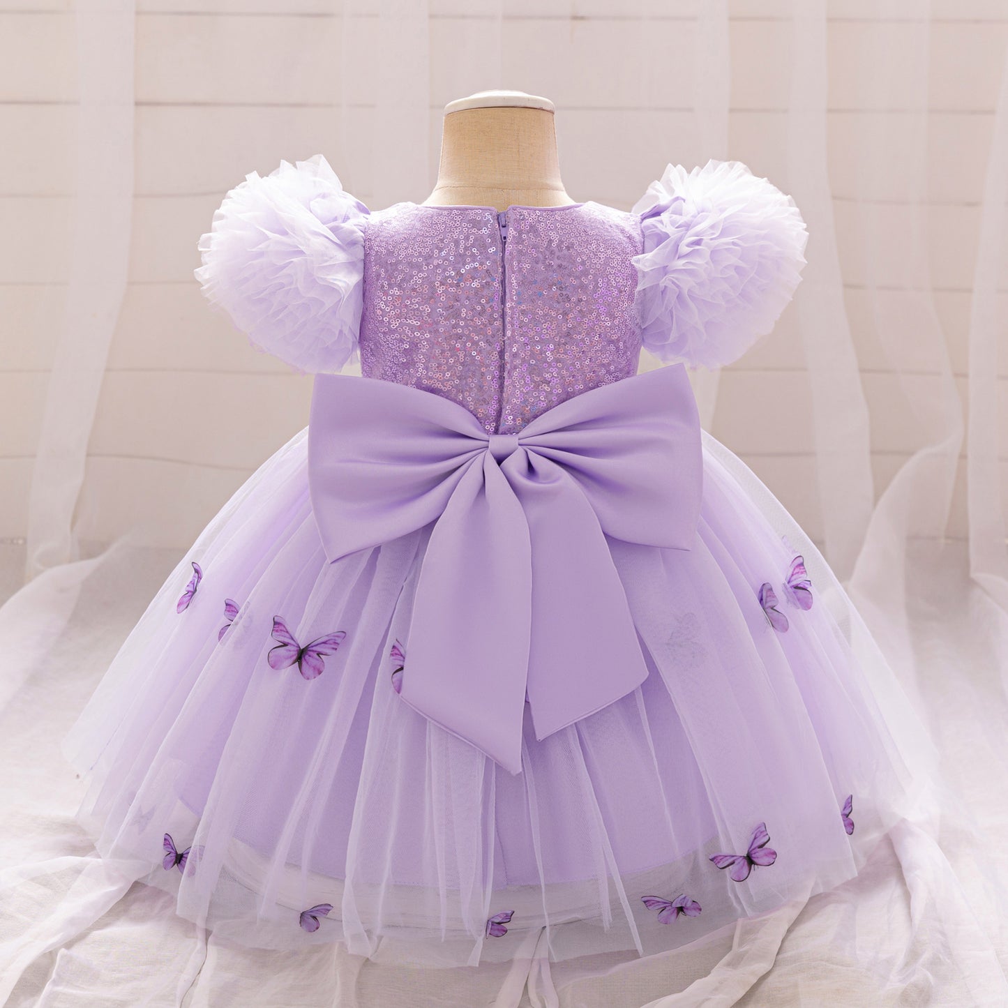 Purple Puffy Princess Dress with Butterfly Appliques for Little Girls